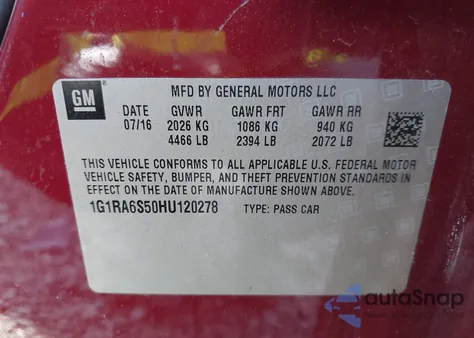 2017 Chevrolet Volt Lt из США, поврежденный, VIN 1G1RA6S50HU120278